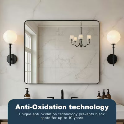 Resenkos 36x30 Inch Wide Rectangle Wall Mirror - Rounded Corners & Sturdy Black Metal Frame, Perfect for Living Room & Bathroom, Black