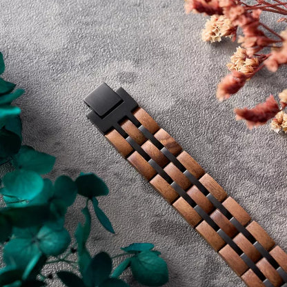 Men's Stainless Steel and Walnut Wood Link Bracelet, Wide Wristband with Secure Clasp