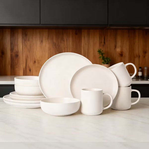 12-Piece Stoneware Dinnerware Sets with Mugs, Microwave & Dishwasher Safe, Non-Toxic Dinner Plates Bowls Set, Stackable Matte Glaze Kitchenware for 3