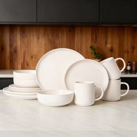 12-Piece Stoneware Dinnerware Sets with Mugs, Microwave & Dishwasher Safe, Non-Toxic Dinner Plates Bowls Set, Stackable Matte Glaze Kitchenware for 3