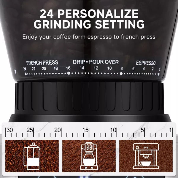 Coffee Grinder, 40mm Stainless Steel Conical Burr Grinder with 48 Grinding Settings, Grinding Time & 1-12 Cups Adjustable, Fit Espresso & Drip Coffee