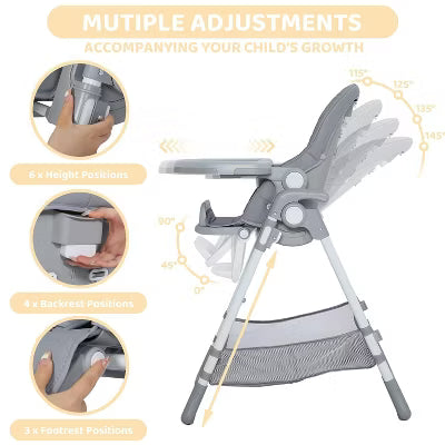 TODECARE Foldable Baby High Chair for Toddlers, Adjustable Height, Recline, Storage Basket, Double Trays, Gift for Babies