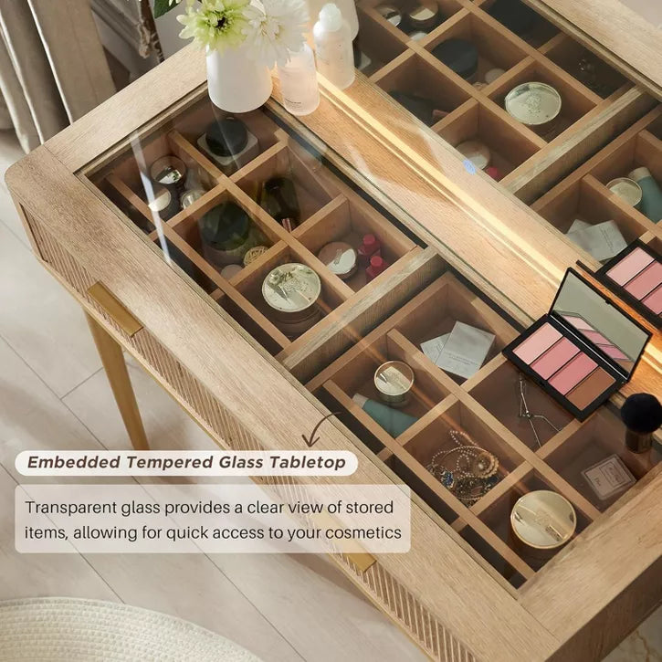 Fluted Makeup Vanity Tables with 36" HD Lighted Mirror, 48" Big Modern Vanity Desk with Glass Top & 5 Drawers & Shelves, Dressing Table