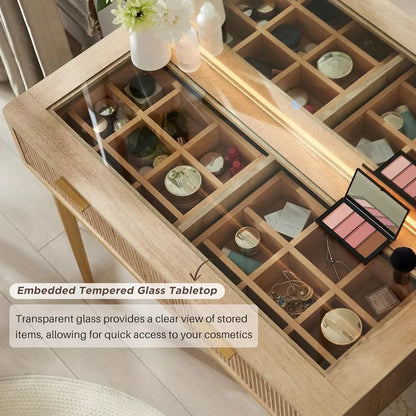 Fluted Makeup Vanity Tables with 36" HD Lighted Mirror, 48" Big Modern Vanity Desk with Glass Top & 5 Drawers & Shelves, Dressing Table