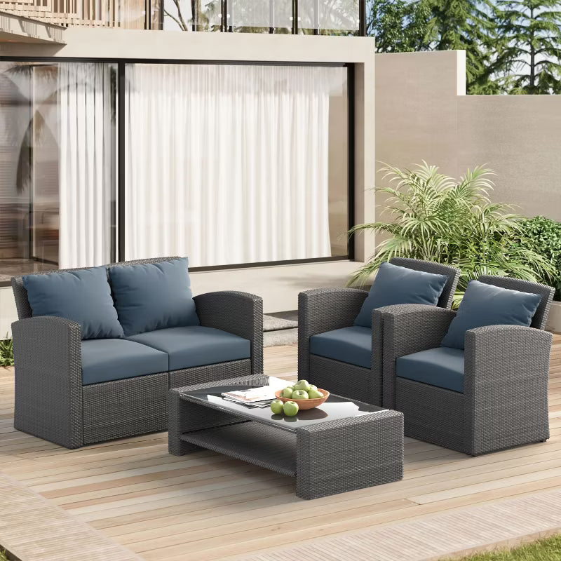 ELJGET 4 Pieces Patio Conversation Set, Outside Rattan Sectional Sofa Furniture Set with Cushion for Garden, Porch, Backyard, Grey