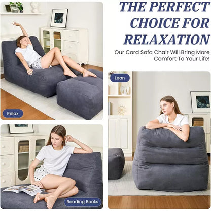 Hooseng Giant Bean Bag Chair with Ottoman, Lounge Beanbag Lounger with Pillow for Adults, Oversized Beanbag Lazy Floor Sofa for Living Room, Bedroom