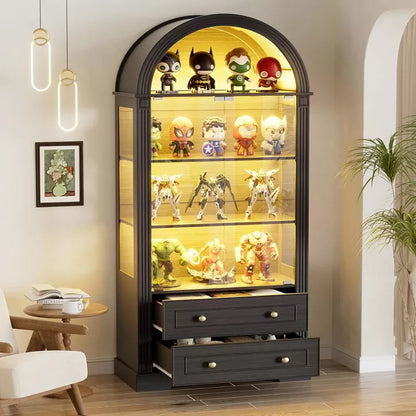 PAKASEPT 73'' Tall 4-Tier Arched Display Cabinet with Glass Doors, Curio Cabinet with LED Lights for Collectibles Bookcase, Arched Pantry Cabinet