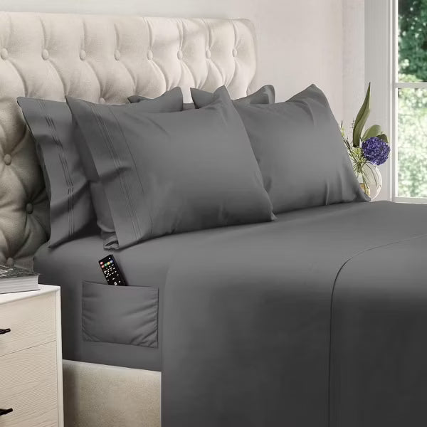 Hoey Queen Size 4-Piece Microfiber Sheet Set – Deep Pocket Bed Sheets with Embroidered Pillowcases Gray