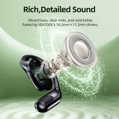 VEATOOL T6 Open Ear Headphones,Bluetooth 5.4 Wireless Earbuds,60H Playtime Stereo Sound Earphones,Air Conduction IPX7 Waterproof Open Ear Earbud
