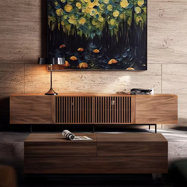 Luck Live Mid-Century Modern TV Stands 94.48" Consoles,up to100'' Media Centerw/ Cabinets & wood Doors&Metal Frame,Walnut-colored