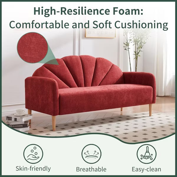 Mid Century Modern 2-Seater Shell Back Sofa - Linen Fabric with Wooden Legs, 6 Colors, Easy Quick Assembly