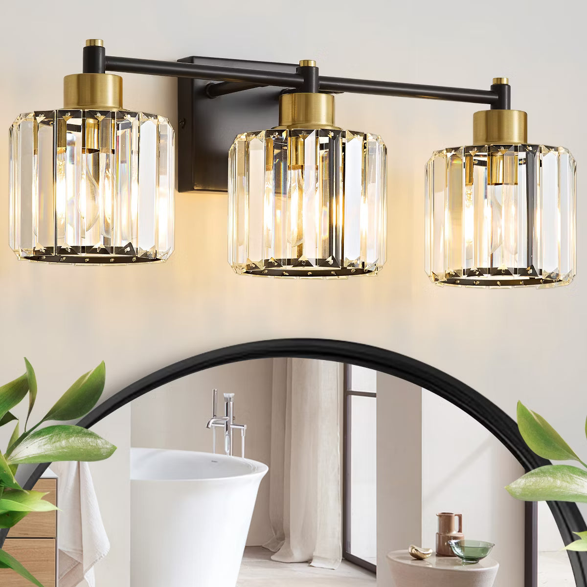 POWLIG 22" 3-Light Vanity Light with Crystal Shades - Modern Dimmable Bathroom Lighting