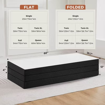 My Depot 4 Inch Tri Folding Mattress Queen Size Portable Memory Foam Mattress for Floor with Washable Cover