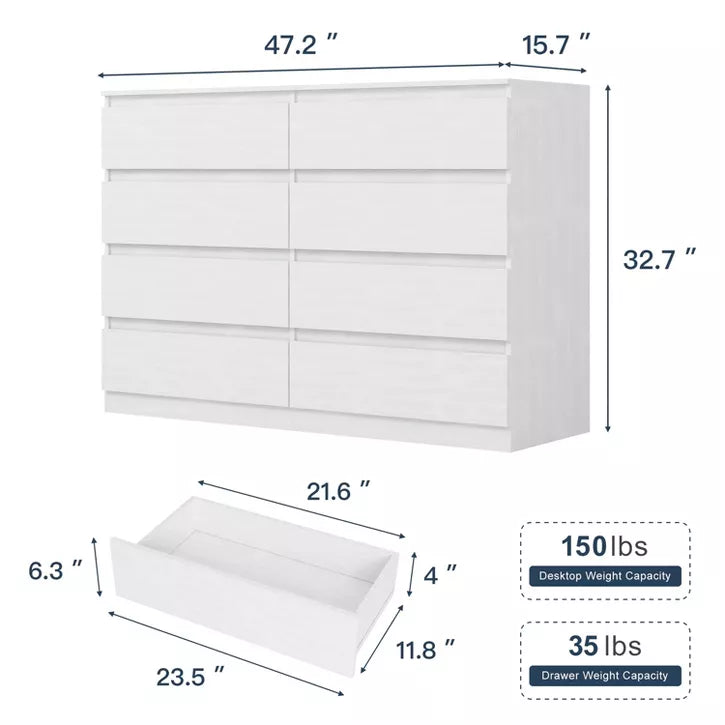 CIPACHO Mid Century Modern 8 Drawer Dresser in White with Hidden Handle Perfect for Bedroom to Boost Storage and Elevate Retro Home Vibe