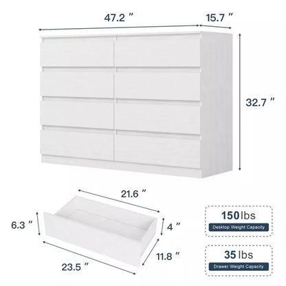 CIPACHO Mid Century Modern 8 Drawer Dresser in White with Hidden Handle Perfect for Bedroom to Boost Storage and Elevate Retro Home Vibe