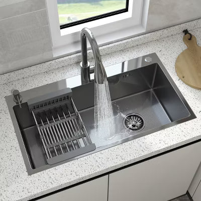 CHEVNI Silver Kitchen Sink Stainless Steel Single Bowl With Faucet Drop In Top Mount