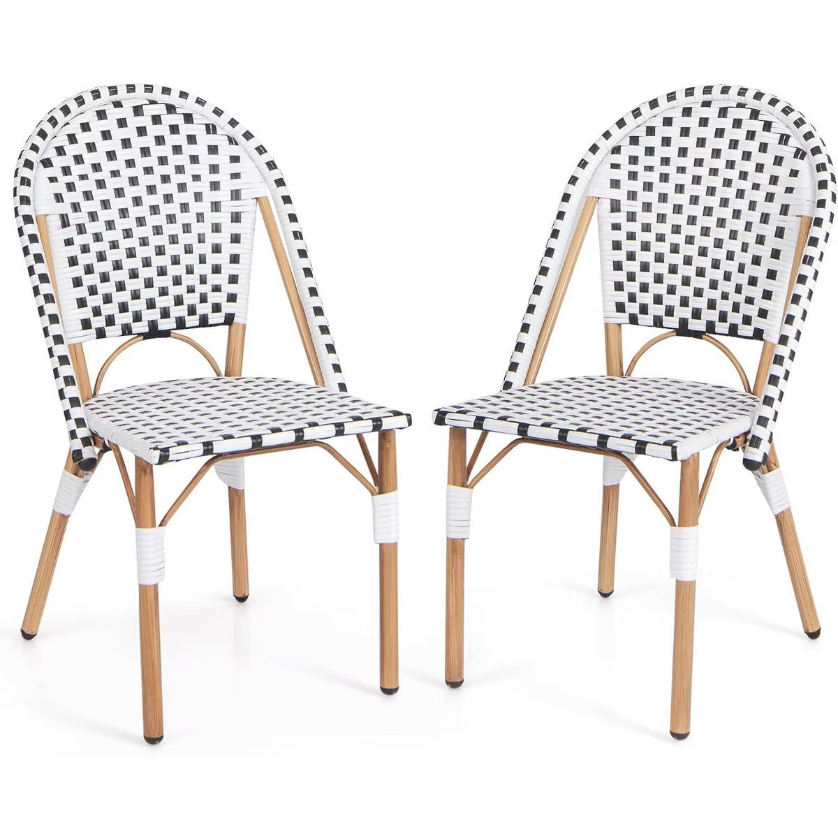 BOSMILLER French Bistro Chairs Set of 2, Hand-Woven PE Rattan Outdoor Armless Dining Chairs with Metal Frame for Garden Balcony, White/Black