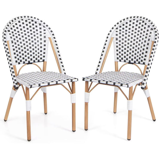 BOSMILLER French Bistro Chairs Set of 2, Hand-Woven PE Rattan Outdoor Armless Dining Chairs with Metal Frame for Garden Balcony, White/Black