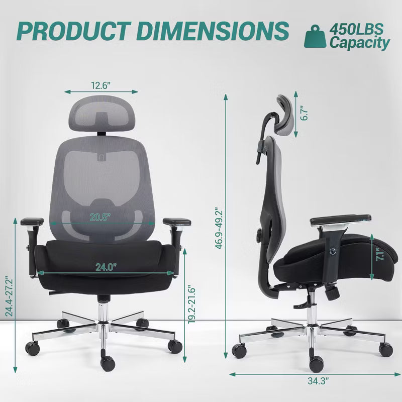 Bosmiller Ergonomic Mesh Office Chair, Comfy Desk Chair, Big and Tall Executive Office Chair with 4D Arms, 2D Lumbar Support, Adjustable Headrest