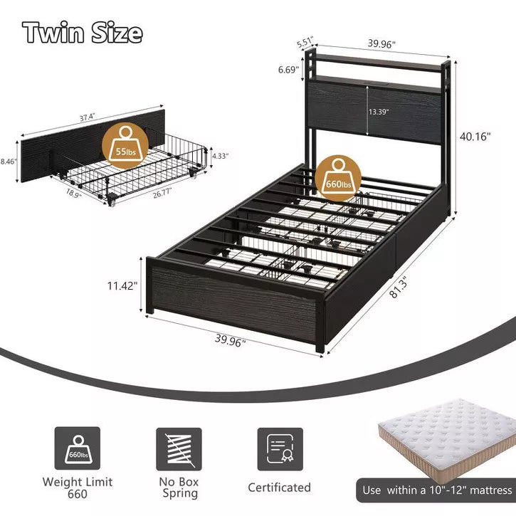 Karl Home Metal Platform Bed Frame with 2-Tier Storage Headboard, with 4 Storage Drawers, Built in Charging Station and LED