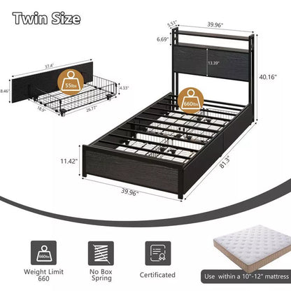 Karl Home Metal Platform Bed Frame with 2-Tier Storage Headboard, with 4 Storage Drawers, Built in Charging Station and LED