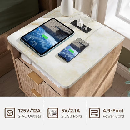 18" Modern Fluted Nightstand with Charging Station, Side Table with Faux Marble Top for Bedroom, Living Room