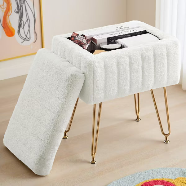 IULULU Vanity Stool, Faux Fur-Padded, 4-Legged Stool with Anti-Slip Feet, White