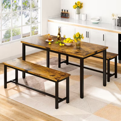 Hooseng 47.2'' 3-Piece Dining Table Set for 4 with 2 Benches, Farmhouse Wood Grain Kitchen Breakfast Table & Chair Set for Kitchen, Apartment