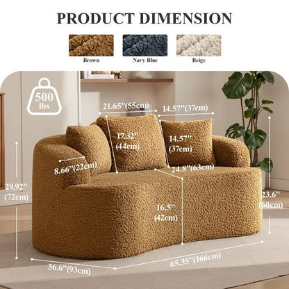 KERDOM 65.35" Curved Back Teddy Bear Fabric Sofa with Comfy Seat Cushion and 3 pillows, Suitable For Living room, Brown