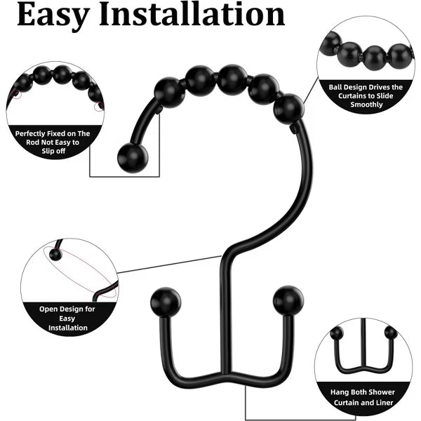 Shower Curtain Hooks Rings, Premium Stainless Steel Rustproof Double Glide Shower Hooks for Bathroom Shower Rods Curtains,Set of 12, Black