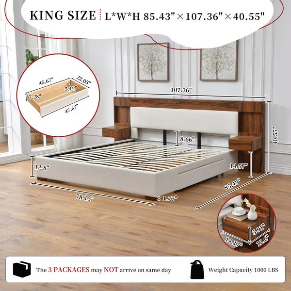 King Size Hotel Style Bed with Linen Upholstered Headboard Built-in Nightstands Storage Drawers,No Box Spring Needed,Easy Assembly,Cream