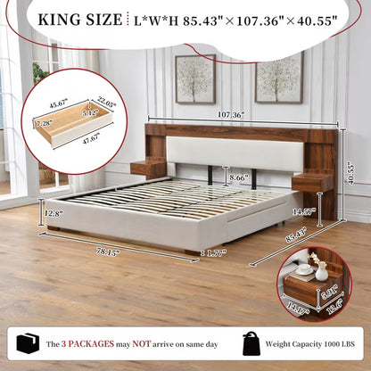King Size Hotel Style Bed with Linen Upholstered Headboard Built-in Nightstands Storage Drawers,No Box Spring Needed,Easy Assembly,Cream