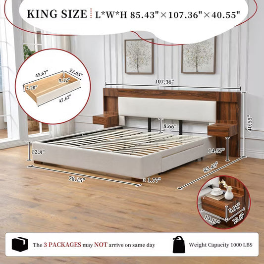 King Size Hotel Style Bed with Linen Upholstered Headboard Built-in Nightstands Storage Drawers,No Box Spring Needed,Easy Assembly,Cream