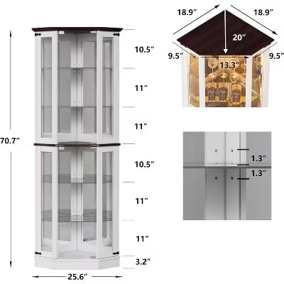 PAKASEPT 71'' Corner Display Curio Cabinet with LED Lights, 6-Tier Display Case with Glass Doors, Wine Cabinet for Collectibles, Liquor