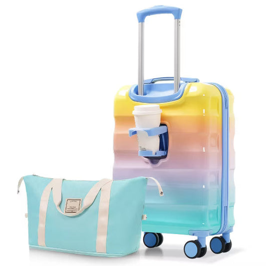 20" Carry-on Luggage with Cup Holder Lightweight Glossy Hardshell Suitcases with Spinner Wheels, TSA Lock, Airline Approved, 2 Piece Set