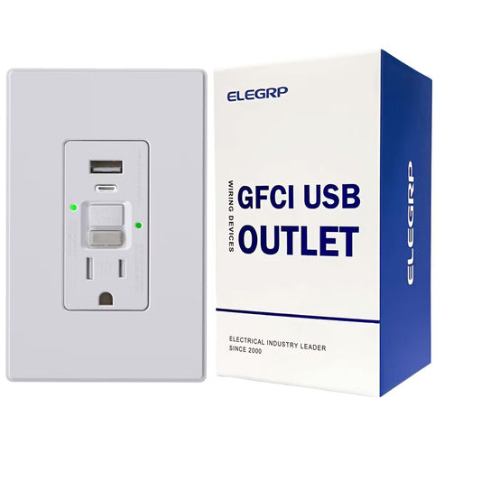 ELEGRP GFCI Outlet & USB Charger 24W Receptacle w/Night Light,15A TR,Type A & C w/Midsize Screwless Wall Plate, UL & CUL Listed, White, 1 pack