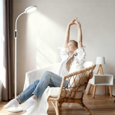Morfone LED Full-Spectrum Happy Therapy Lamp. 10 adjustable brightness non-UV sunlight lamps, retractable floor-mounted phototherapy lamp