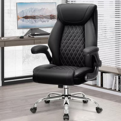 KERDOM Big and Tall Breathable Leather Office Chair with Lumbar Support Flip-Up Armrests, Black