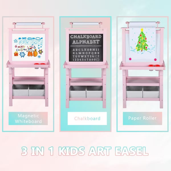 Kinder King 3 in 1 Kids Art Easel w/Storage Double-Sided Magnetic Whiteboard & Chalkboard Dry-Erase Board w/Paper Roller