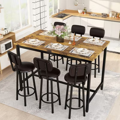 Hooseng Bar Table and Chairs Set of 7, Farmhouse Counter Height Pub Set for 6 Dining Table Set, Tall Dining with 6 PU Leather Chairs