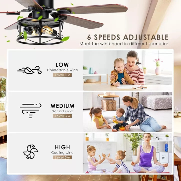 42 or 52 or 56 Inches Ceiling Fan with Light Caged Bulbs Plywood Blades for Farmhouse Bedroom Remote Control