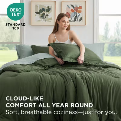 7 Pieces Boho Contrasting Design Bedding Comforter Set Full Size Olive Green