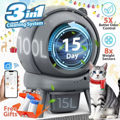 Self Cleaning Litter Box, 100 L+15L Automatic Cat Litter Box Self Cleaning for Multiple Cats, App Control,2 Roll Garbage Bags+Cat litter mat