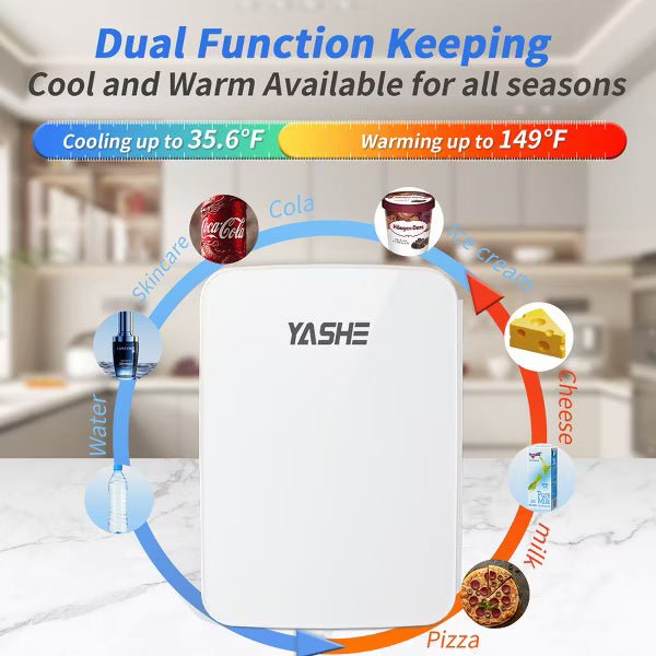 YASHE 10L Mini Fridge – Skincare & Drink Cooler/Warmer, Thermoelectric, 110V/12V, Compact for Bedroom, Office, Car, 12 Cans, White