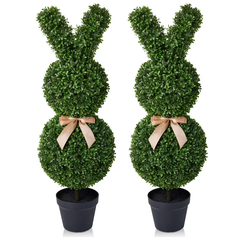 3ft Artificial Bunny Topiary Trees, UV-Resistant Faux Arbutus Leaf Plants, Indoor Outdoor Easter Gift Decor for Front Porch Entryway Set of 2