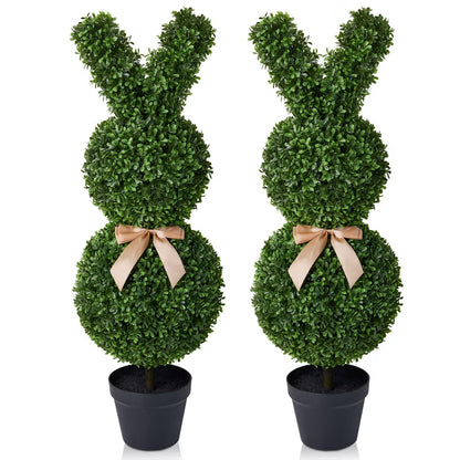 3ft Artificial Bunny Topiary Trees, UV-Resistant Faux Arbutus Leaf Plants, Indoor Outdoor Easter Gift Decor for Front Porch Entryway Set of 2