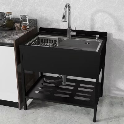 CHEVNI Silver Kitchen Sink Stainless Steel Single Bowl with Faucet Black Shelf Freestanding