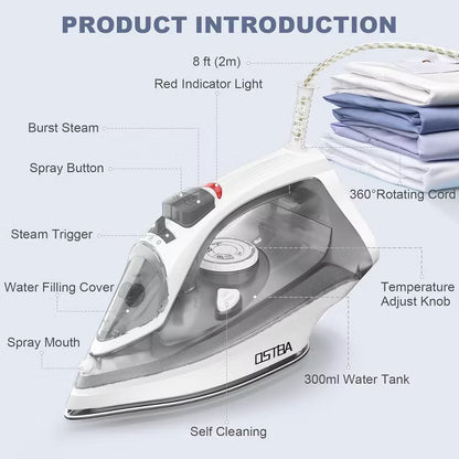 OSTBA 1600W Steam Iron, Nonstick Soleplate, Rapid Heating, Self-Clean, Anti-Limescale, Drip Stop, 300ml Tank for Home