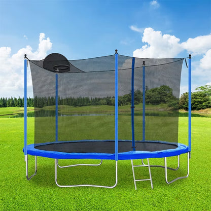 ELJGET 12 ft Trampoline for Adults/Kids with Safety Enclosure Net, Basketball Hoop & Ladder, Heavy Duty Outdoor Recreational Trampolines, Blue