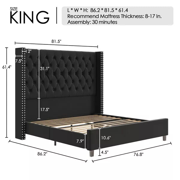 Bed Frame with 61.4" Headboard,Velvet Tufted and Handmade Pleat Deep Button